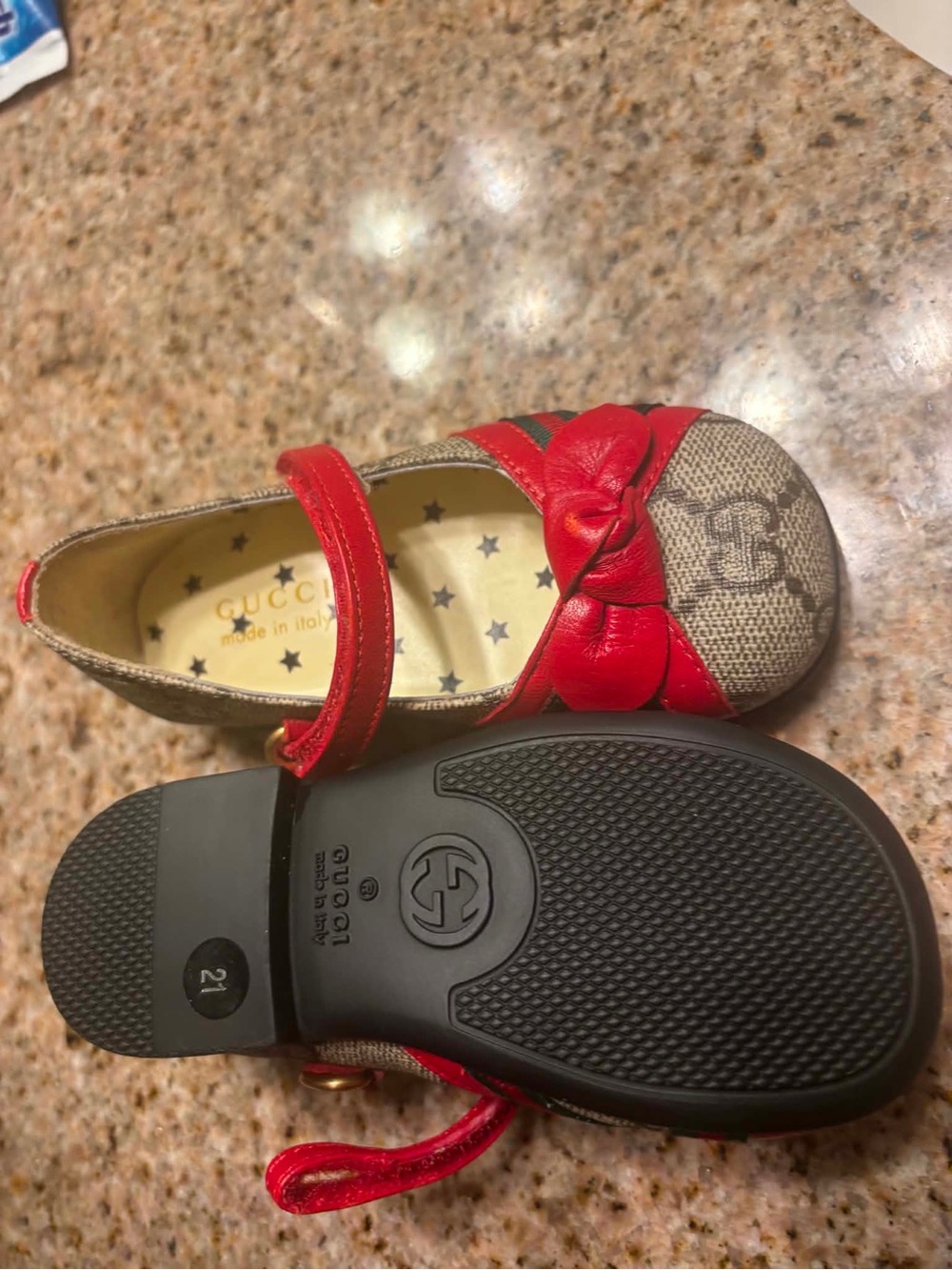 Gucci Girls Beige Monogram Mary Janes with Red Bow Trim